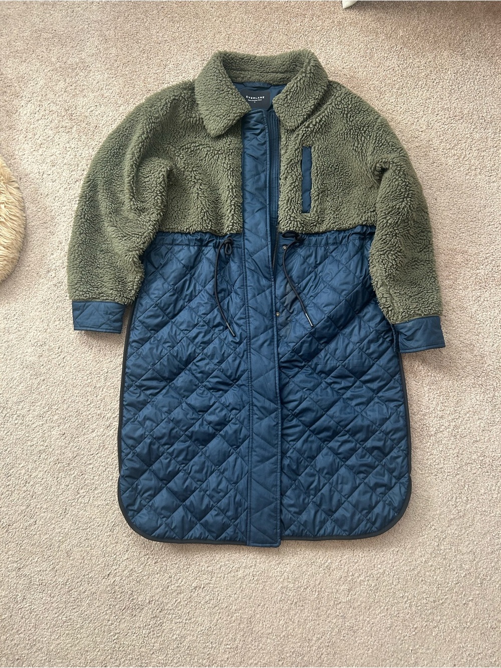 Everlane Green & Navy Quilted Teddy Sherpa Midi Coat